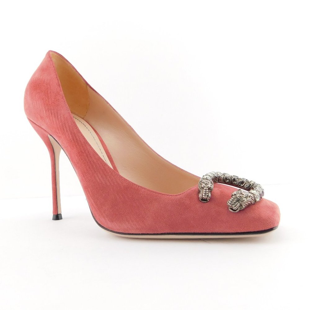 New GUCCI Crystal Tiger Snake Buckle Dusty Rose Pink Suede Leather Heel Pump 39 - Picture 2 of 9